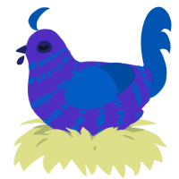 A indigo and ultramarine chicken with a bar pattern