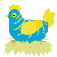 A cerulean and yellow chicken with a half-bar pattern