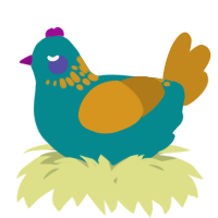 A teal and ochre chicken with a neck-speckle pattern