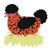 A vermilion and black chicken with a speckle pattern