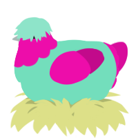 A mint and fuchsia chicken with a head pattern