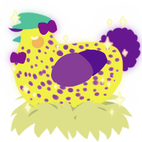 A yellow and blurple chicken with a speckle pattern