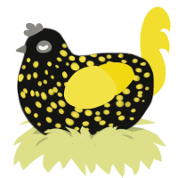 Twisted Nerve, a black and yellow chicken with a speckle pattern