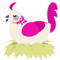 A cream and fuchsia chicken with a neck-speckle pattern