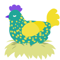 A turquoise and yellow chicken with a speckle pattern