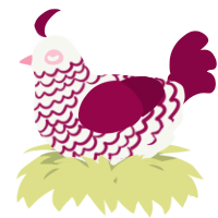 A white and maroon chicken with a lace pattern