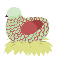 A gluppy and red chicken with a lace pattern