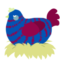 Blue Raspberry, a ultramarine and maroon chicken with a bar pattern