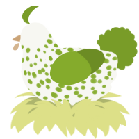 A white and chartreuse chicken with a speckle pattern