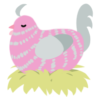 A pink and silver chicken with a bar pattern