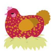 A crimson and ochre chicken with a speckle pattern