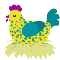 A yellow and teal chicken with a speckle pattern