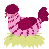 A pink and maroon chicken with a bar pattern