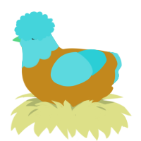 A ochre and aqua chicken with a head pattern