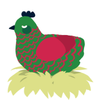 A viridian and crimson chicken with a lace pattern