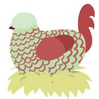 A gluppy and red chicken with a lace pattern