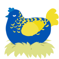 A ultramarine and yellow chicken with a half-lace pattern