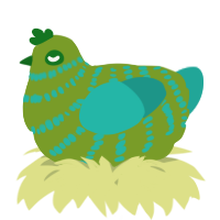 A chartreuse and turquoise chicken with a bar pattern
