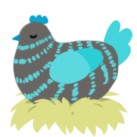 A grey and aqua chicken with a bar pattern
