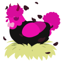 A black and fuchsia chicken with a head pattern