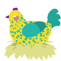 姫, a yellow and turquoise chicken with a speckle pattern
