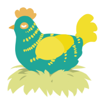 A turquoise and yellow chicken with a half-bar pattern