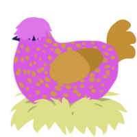 A orchid and gold chicken with a speckle pattern