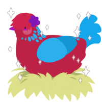 女神, a crimson and sky chicken with a neck-speckle pattern