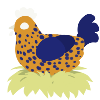 A orange and navy chicken with a speckle pattern