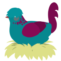 A teal and wine chicken with a neck-speckle pattern