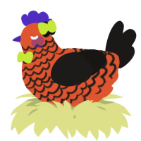 A vermilion and sable chicken with a lace pattern