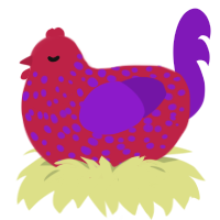 Purple Strawberry, a crimson and violet chicken with a speckle pattern