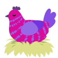 A fuchsia and blurple chicken with a bar pattern