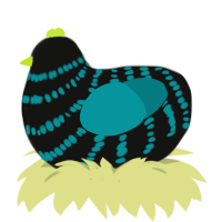 A black and teal chicken with a bar pattern