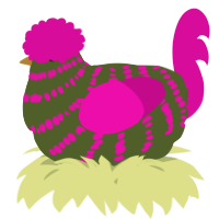 A olive and fuchsia chicken with a bar pattern