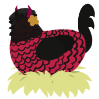 A crimson and black chicken with a lace pattern