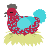 A crimson and aqua chicken with a speckle pattern