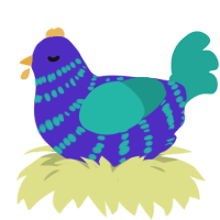 A indigo and turquoise chicken with a bar pattern