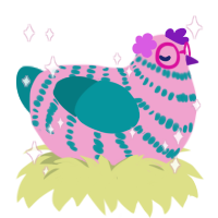 A pink and teal chicken with a bar pattern