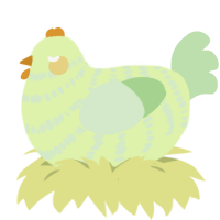 Lime, a apple and gluppy chicken with a bar pattern