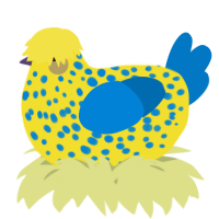 A yellow and sapphire chicken with a speckle pattern