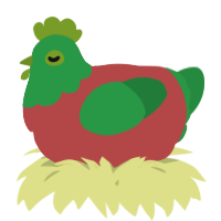 A red and viridian chicken with a head pattern