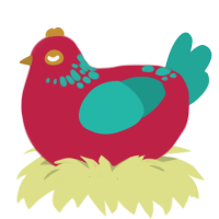 A crimson and turquoise chicken with a neck-speckle pattern