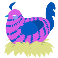 A orchid and ultramarine chicken with a bar pattern