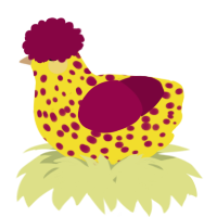 A yellow and maroon chicken with a speckle pattern