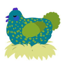 A sea and chartreuse chicken with a speckle pattern