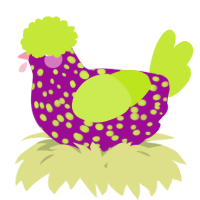 A plum and lime chicken with a speckle pattern