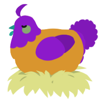 A orange and violet chicken with a head pattern