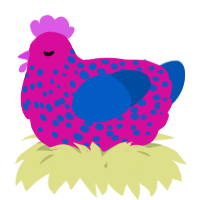 A fuchsia and ultramarine chicken with a speckle pattern