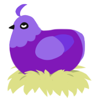 A violet and blurple chicken with a head pattern